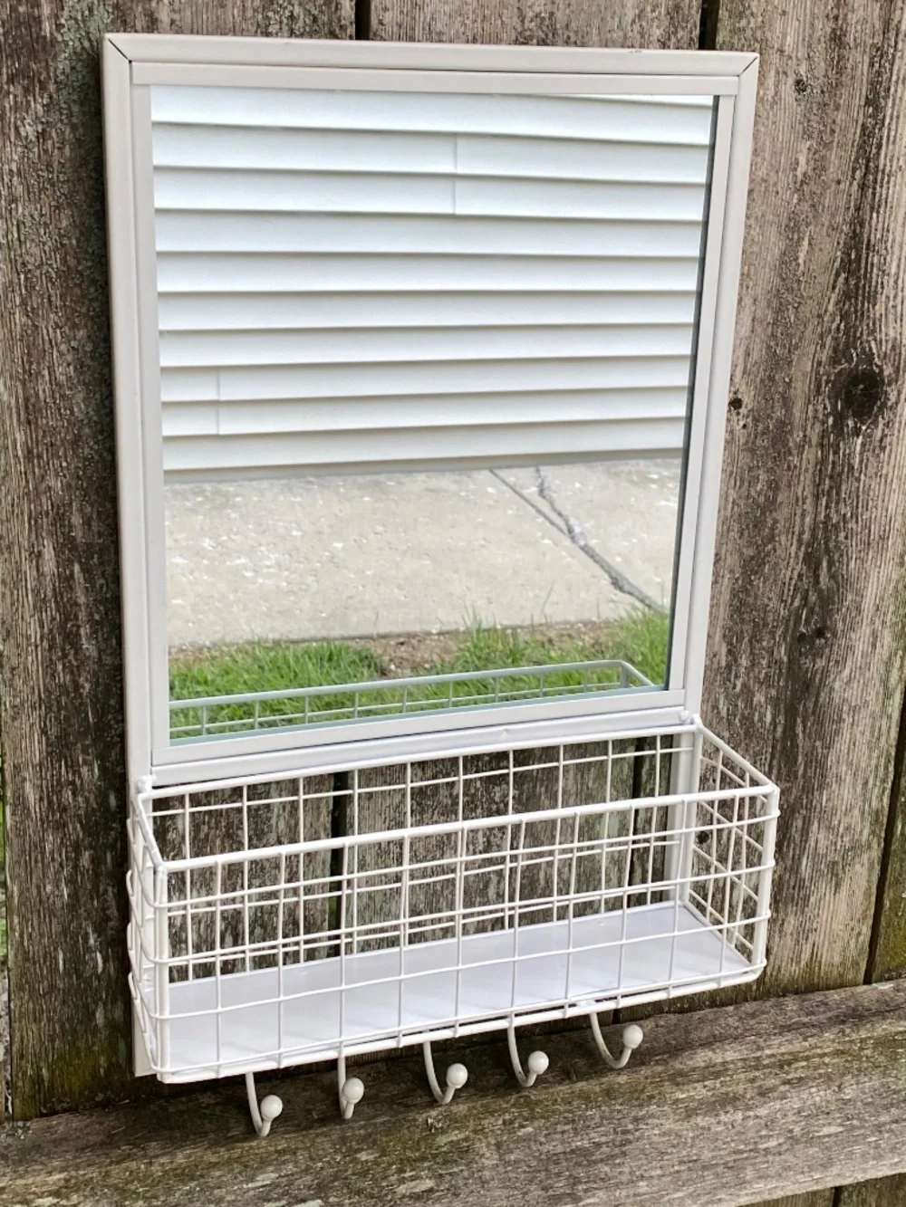 Vintage White Wall Organizer Mirror Wire Basket Shelf 5 Hooks Farmhouse